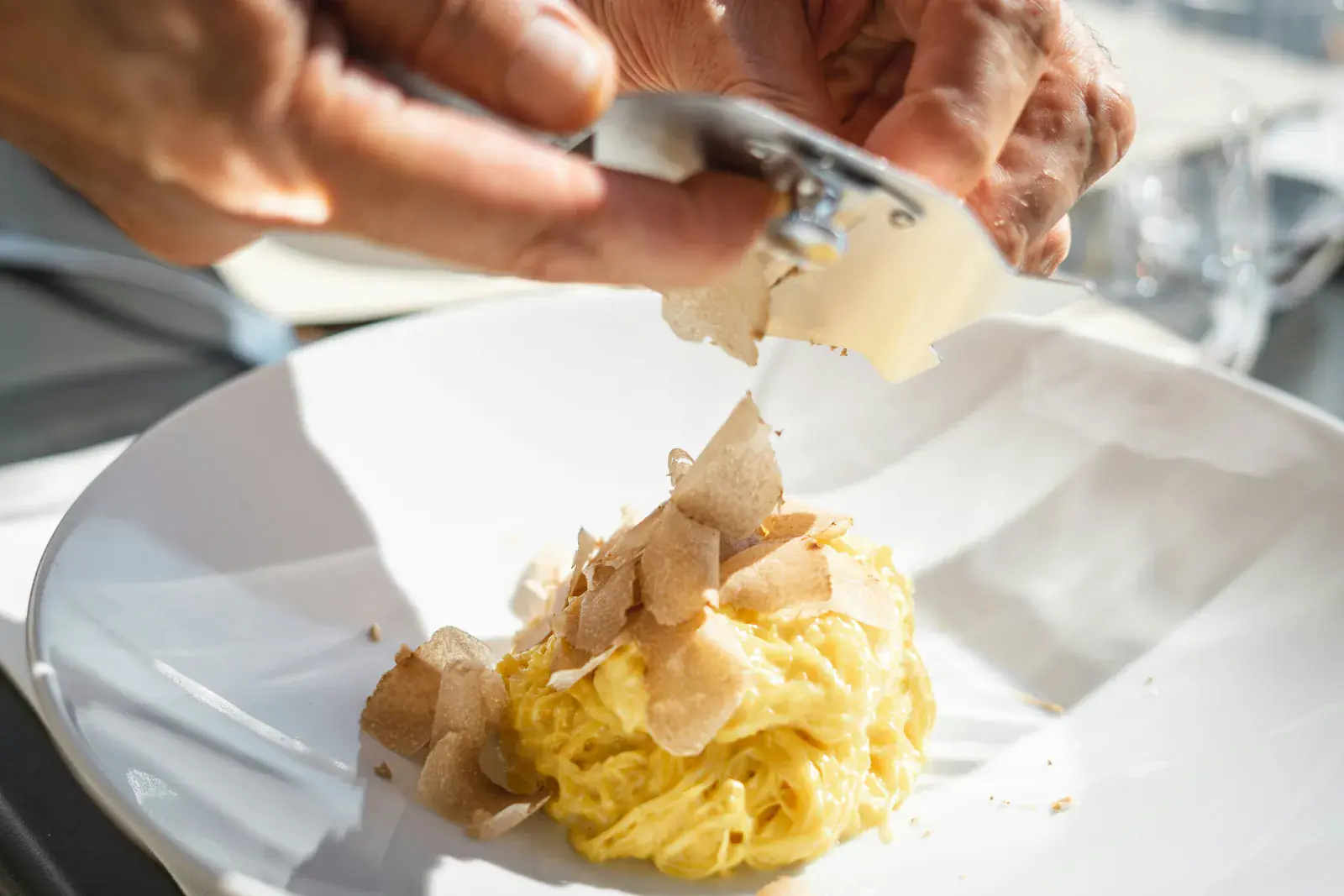 Hände hobeln mit einem Trüffelhobel weisse Alba-Trüffel über handgemachte Tagliolini